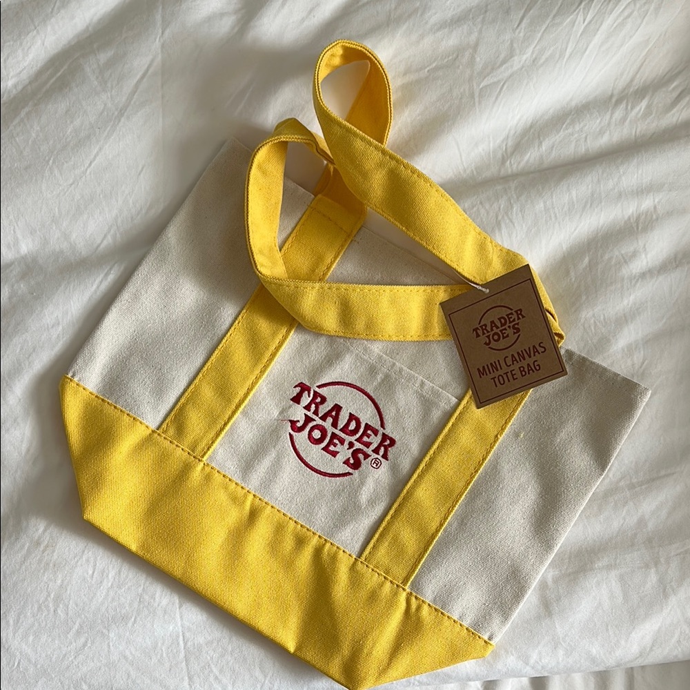Trader Joe's Yellow and Cream Mini Canvas Tote Bag NWT